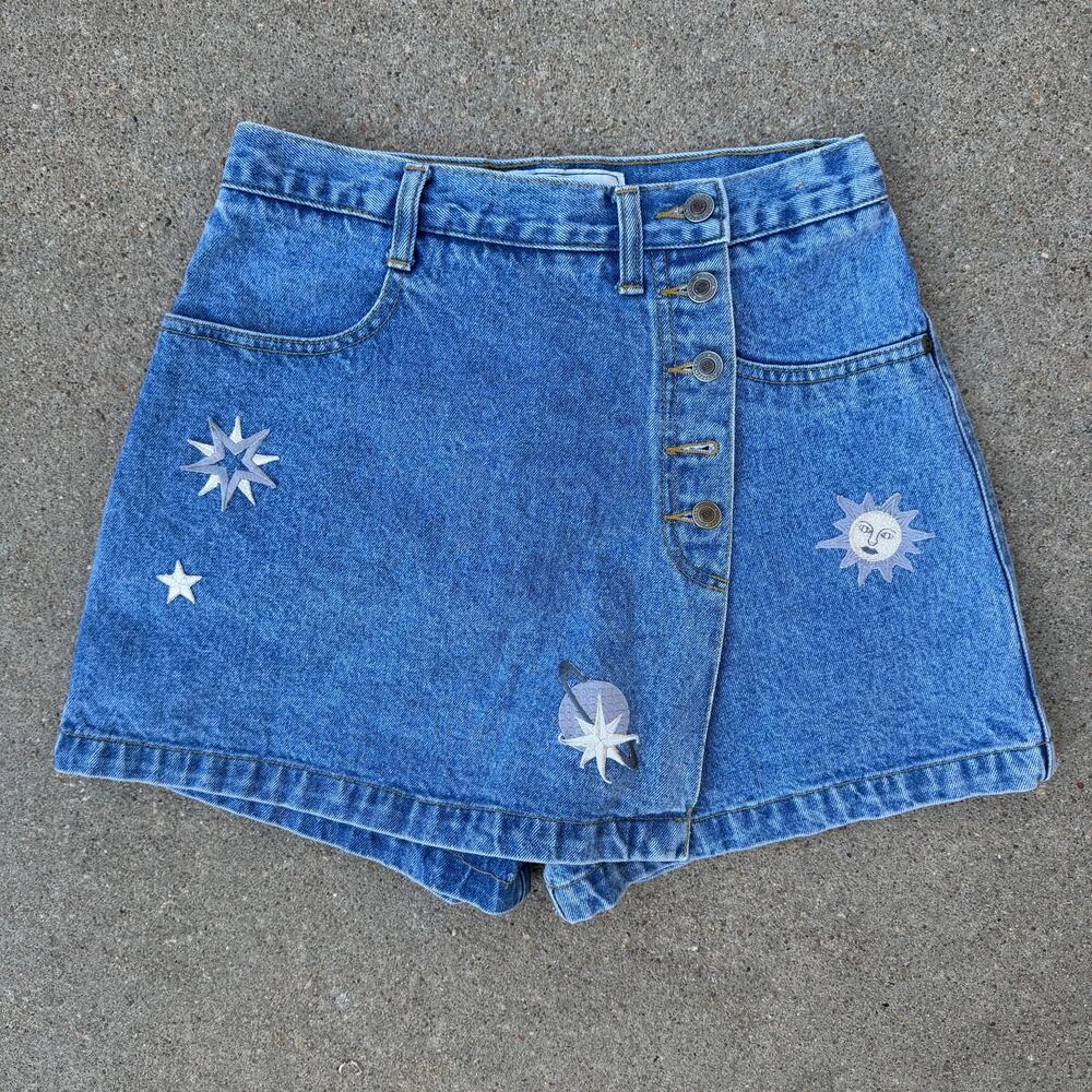 Vintage 90s Celestial Denim Jean Wrap Skirt Skort Sun Stars Chazz Size 11